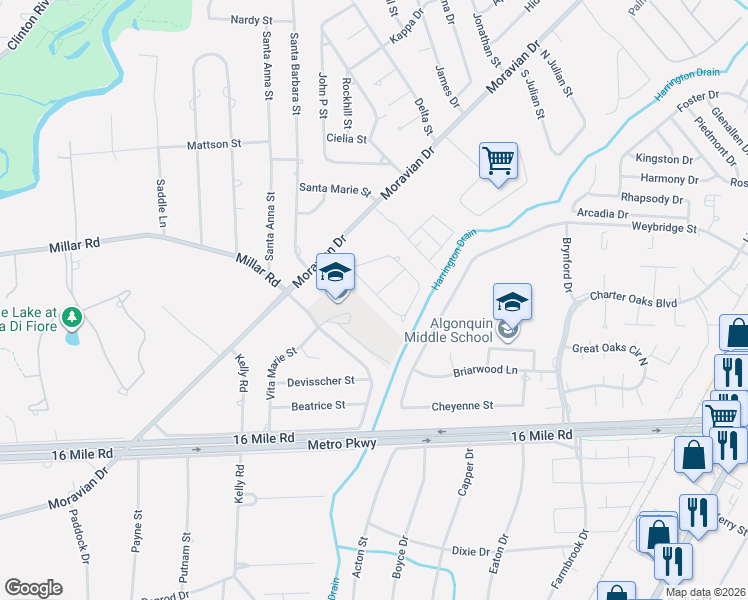 map of restaurants, bars, coffee shops, grocery stores, and more near 18908 Monica Drive in Clinton Township
