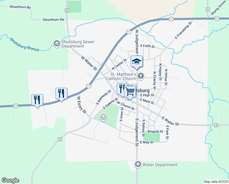 map of restaurants, bars, coffee shops, grocery stores, and more near 310 West Water Street in Shullsburg