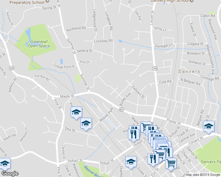 map of restaurants, bars, coffee shops, grocery stores, and more near 70 Lindall Street in Danvers