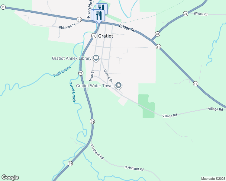 map of restaurants, bars, coffee shops, grocery stores, and more near 10301 Village Road in Gratiot