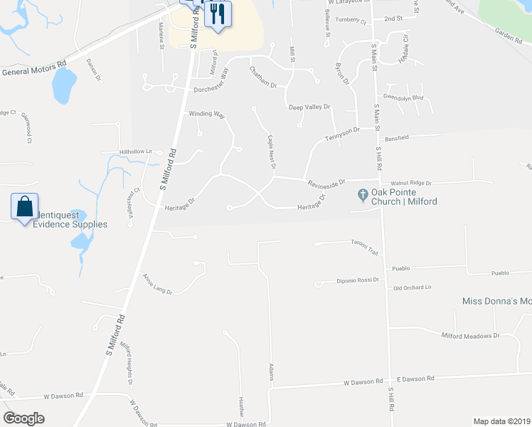 map of restaurants, bars, coffee shops, grocery stores, and more near 463 Heritage Drive in Milford Charter Township