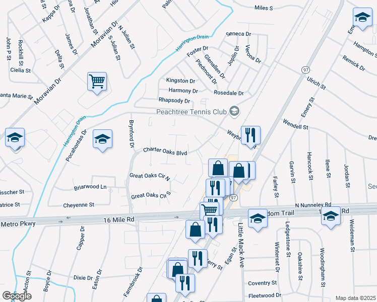 map of restaurants, bars, coffee shops, grocery stores, and more near 37500 Charter Oaks Boulevard in Clinton Township