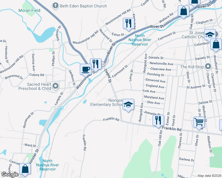 map of restaurants, bars, coffee shops, grocery stores, and more near 96 Depot Street in Fitchburg