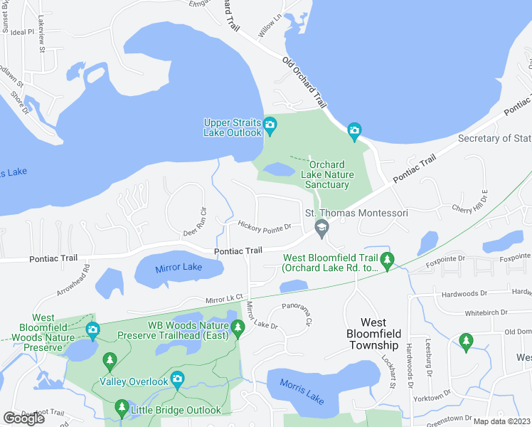 map of restaurants, bars, coffee shops, grocery stores, and more near 4455 South Bay Drive in West Bloomfield Township