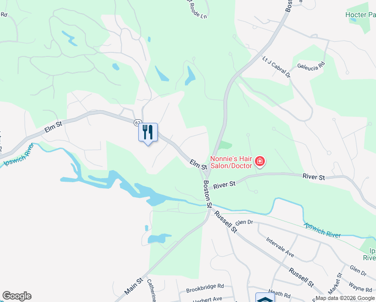 map of restaurants, bars, coffee shops, grocery stores, and more near 3 Elm Street in North Reading