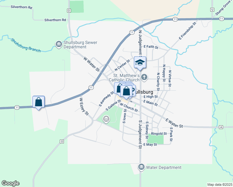 map of restaurants, bars, coffee shops, grocery stores, and more near 310 West Water Street in Shullsburg