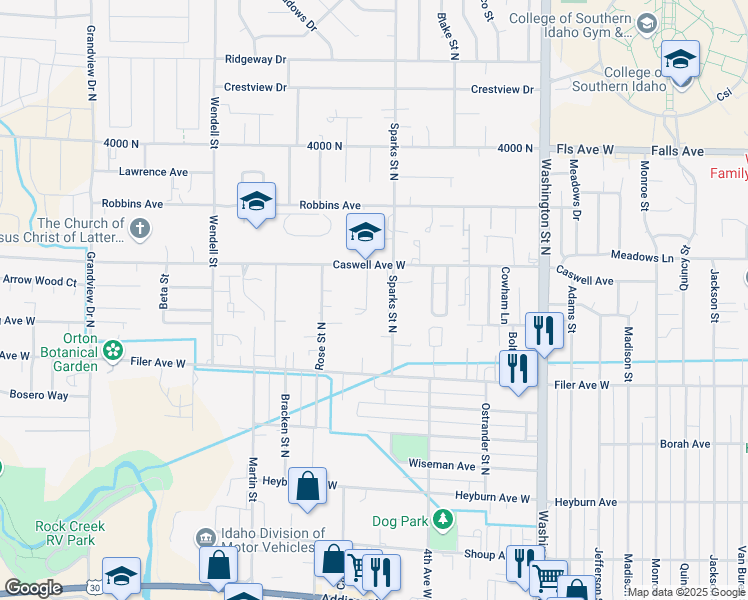 map of restaurants, bars, coffee shops, grocery stores, and more near 628 Paradise Place in Twin Falls