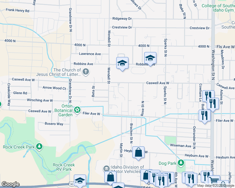 map of restaurants, bars, coffee shops, grocery stores, and more near 617 Saratoga Drive in Twin Falls