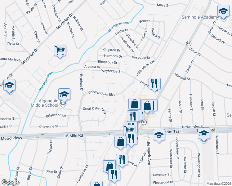 map of restaurants, bars, coffee shops, grocery stores, and more near 37500 Charter Oaks Boulevard in Clinton Township