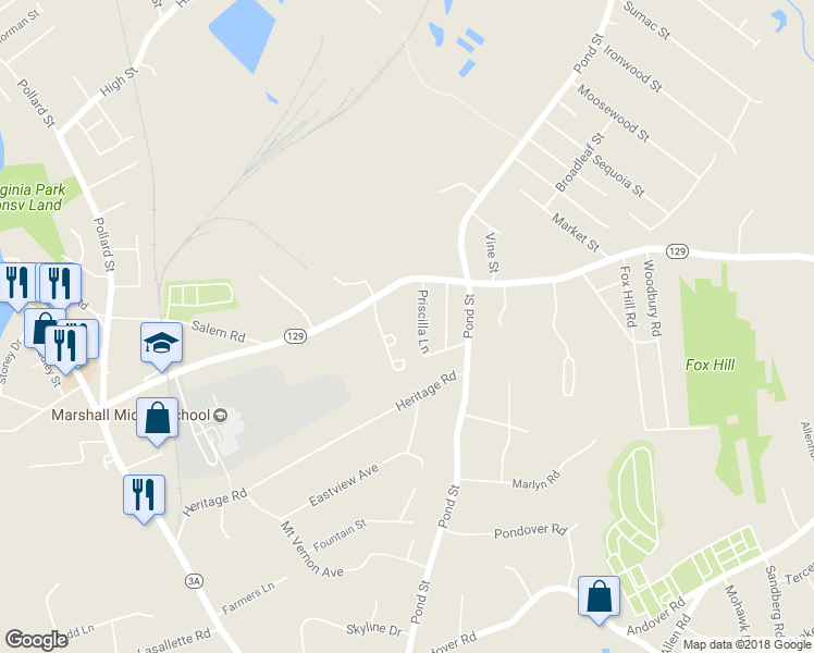 map of restaurants, bars, coffee shops, grocery stores, and more near 9 Priscilla Lane in Billerica