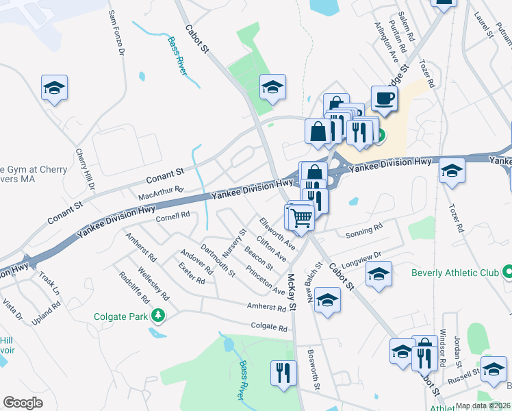 map of restaurants, bars, coffee shops, grocery stores, and more near 40 Ellsworth Avenue in Beverly