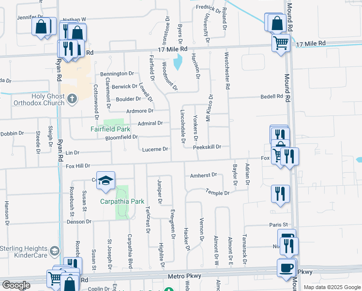 map of restaurants, bars, coffee shops, grocery stores, and more near 38109 Lincolndale Drive in Sterling Heights