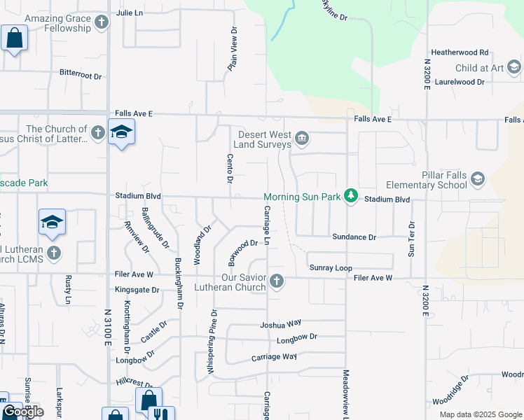 map of restaurants, bars, coffee shops, grocery stores, and more near Stadium Boulevard in Twin Falls