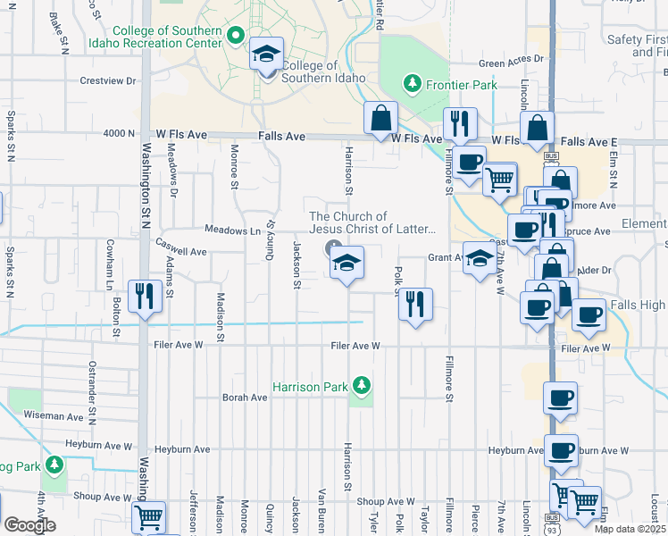 map of restaurants, bars, coffee shops, grocery stores, and more near 600 Harrison Street in Twin Falls