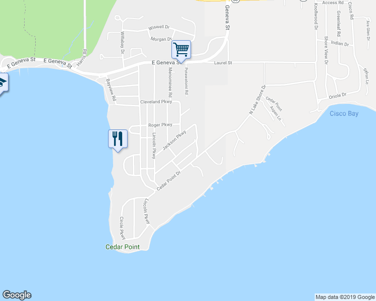map of restaurants, bars, coffee shops, grocery stores, and more near 669 Washington Parkway in Williams Bay