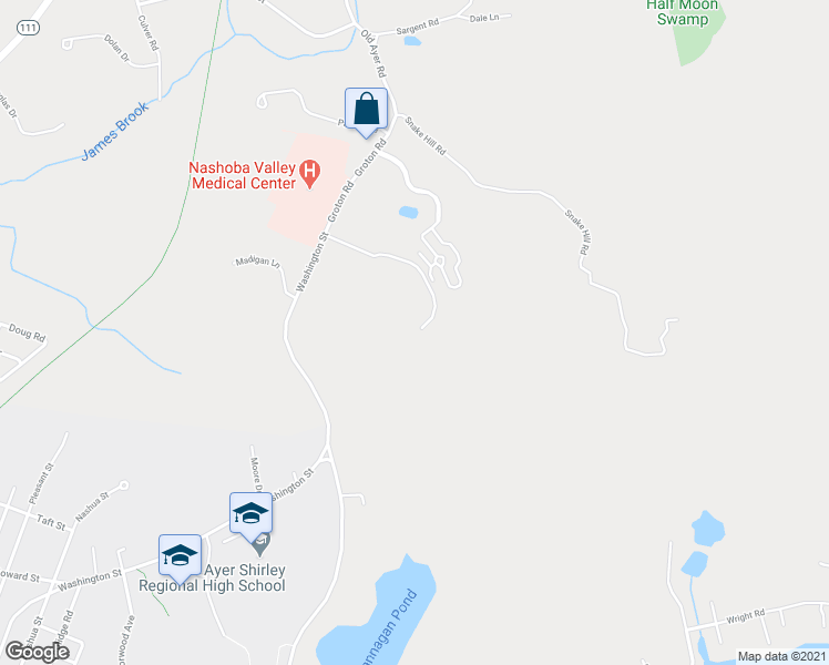 map of restaurants, bars, coffee shops, grocery stores, and more near 187 Groton Road in Ayer