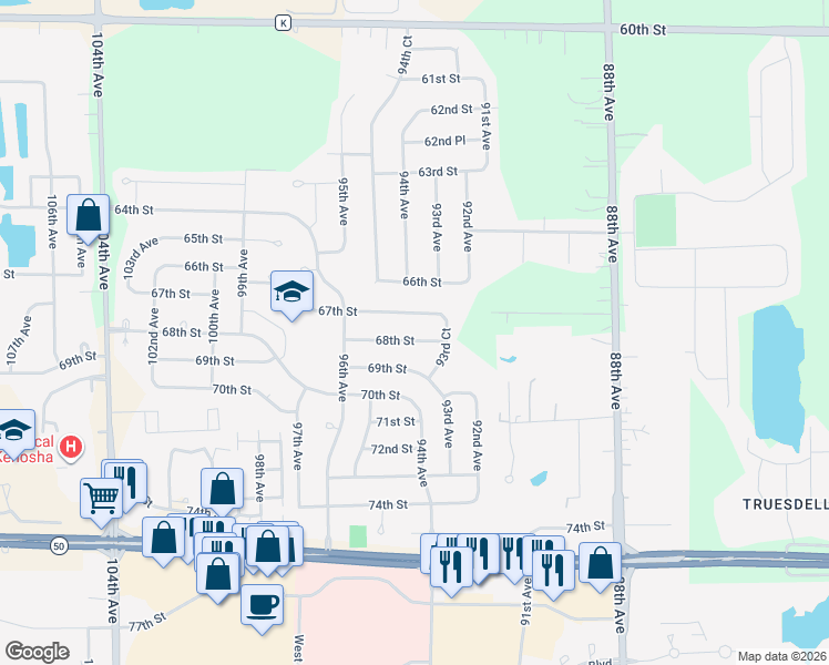 map of restaurants, bars, coffee shops, grocery stores, and more near 9417 68th Street in Kenosha