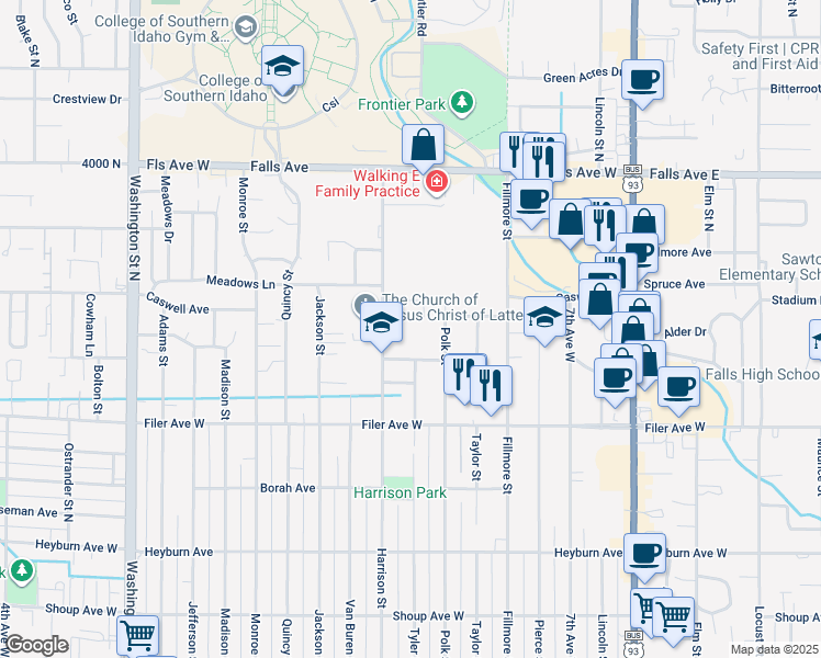 map of restaurants, bars, coffee shops, grocery stores, and more near 600 Harrison Street in Twin Falls