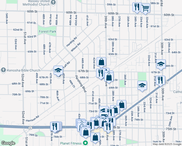 map of restaurants, bars, coffee shops, grocery stores, and more near 4212 68th Street in Kenosha
