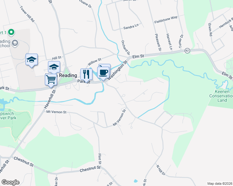 map of restaurants, bars, coffee shops, grocery stores, and more near 100 Park Street in North Reading