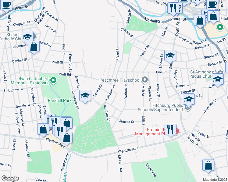 map of restaurants, bars, coffee shops, grocery stores, and more near 41 Bourque Terrace in Fitchburg