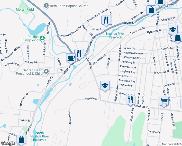 map of restaurants, bars, coffee shops, grocery stores, and more near 102 Depot Street in Fitchburg