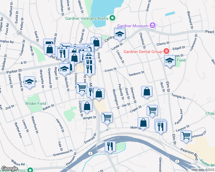 map of restaurants, bars, coffee shops, grocery stores, and more near 197 Pine Street in Gardner