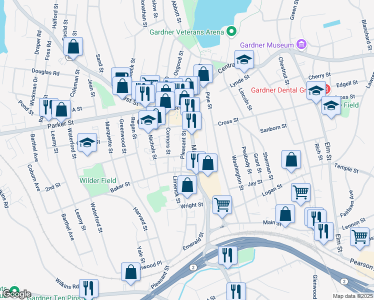 map of restaurants, bars, coffee shops, grocery stores, and more near 148 Pleasant Street in Gardner