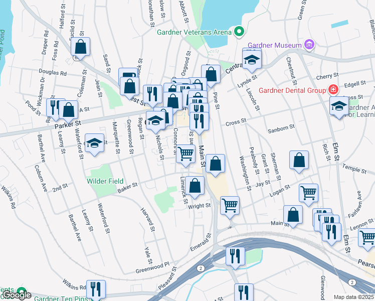 map of restaurants, bars, coffee shops, grocery stores, and more near 148 Pleasant Street in Gardner