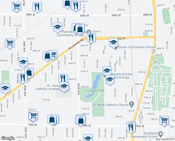 map of restaurants, bars, coffee shops, grocery stores, and more near 6703 21st Avenue in Kenosha