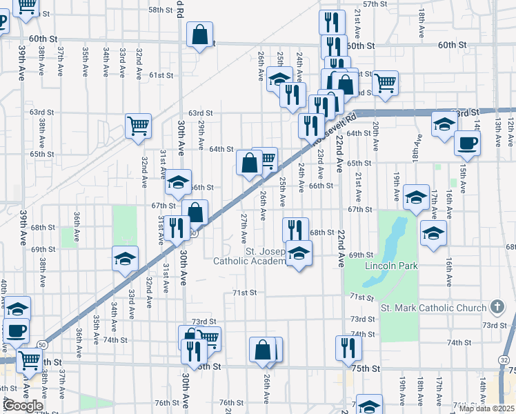 map of restaurants, bars, coffee shops, grocery stores, and more near 2525 67th Street in Kenosha