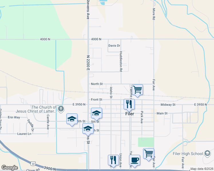 map of restaurants, bars, coffee shops, grocery stores, and more near Idaho Street in Filer