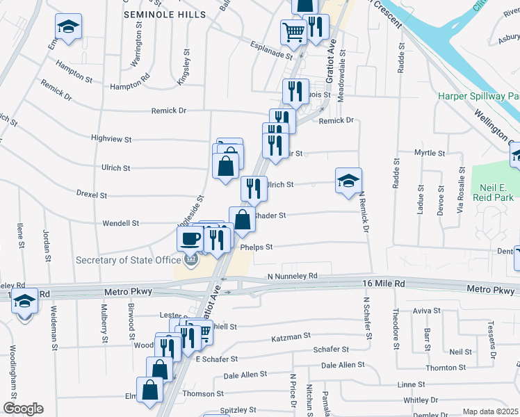 map of restaurants, bars, coffee shops, grocery stores, and more near 22622 Shader Street in Clinton Township