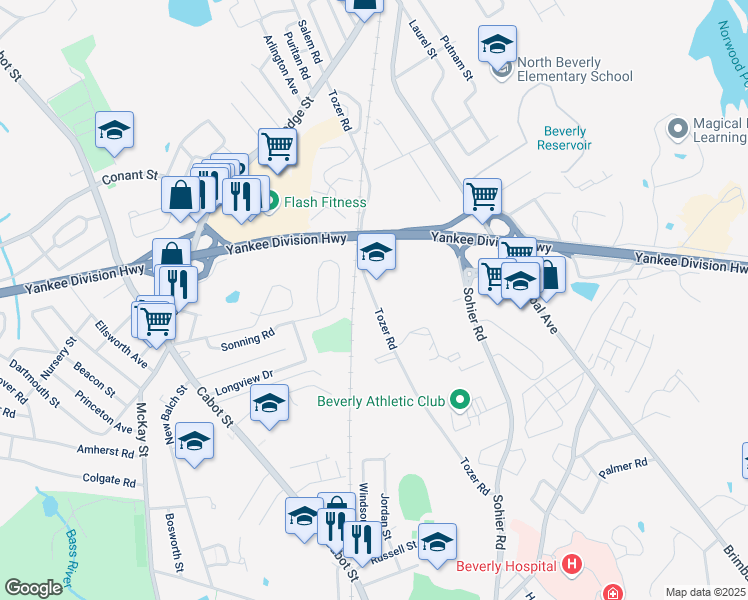 map of restaurants, bars, coffee shops, grocery stores, and more near Tozer Road in Beverly