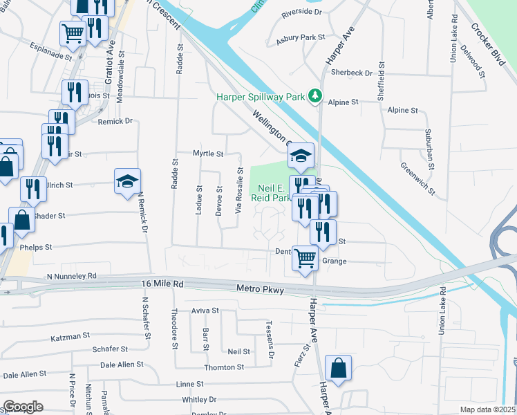 map of restaurants, bars, coffee shops, grocery stores, and more near 37467 Stonegate Circle in Clinton Township