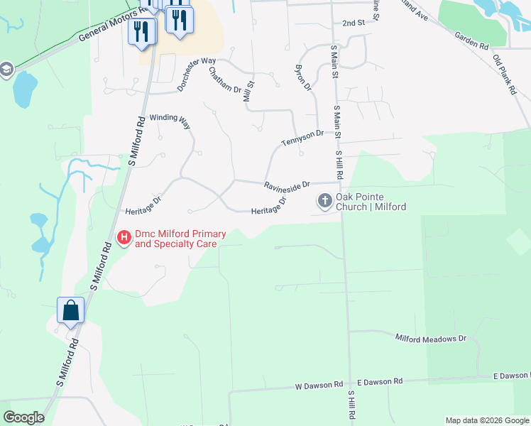 map of restaurants, bars, coffee shops, grocery stores, and more near 323 Heritage Drive in Milford Charter Township