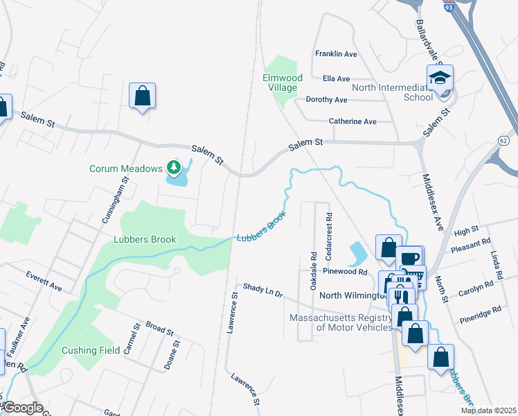 map of restaurants, bars, coffee shops, grocery stores, and more near 195 Salem Street in Wilmington