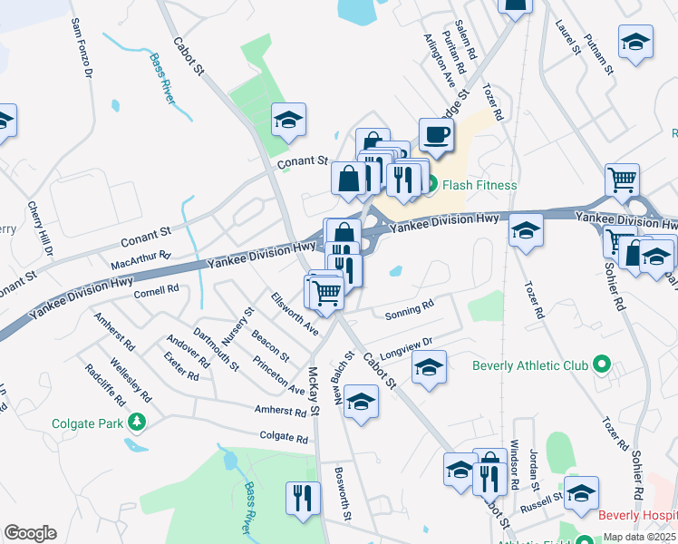 map of restaurants, bars, coffee shops, grocery stores, and more near 8 Dodge Street in Beverly