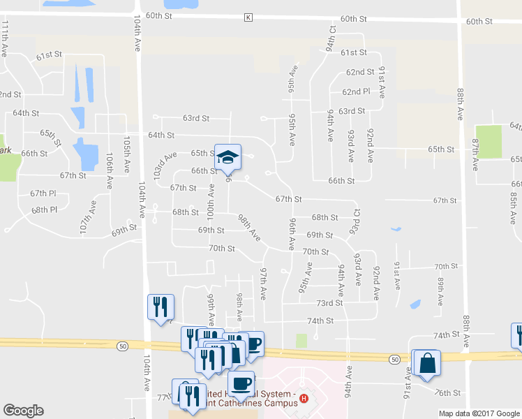 map of restaurants, bars, coffee shops, grocery stores, and more near 6801 99th Avenue in Kenosha