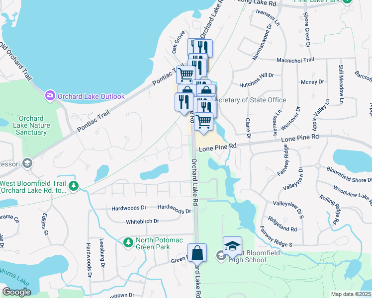 map of restaurants, bars, coffee shops, grocery stores, and more near 4400 Orchard Lake Road in West Bloomfield Township