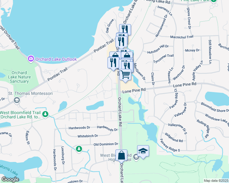 map of restaurants, bars, coffee shops, grocery stores, and more near 4400 Orchard Lake Road in West Bloomfield Township