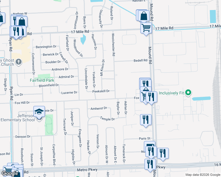 map of restaurants, bars, coffee shops, grocery stores, and more near 5216 Peekskill Drive in Sterling Heights