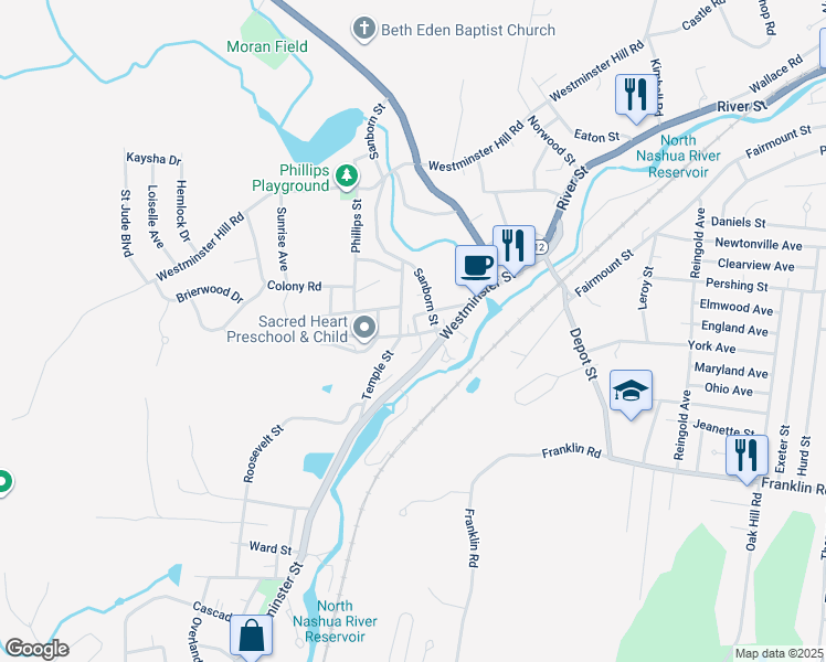 map of restaurants, bars, coffee shops, grocery stores, and more near 2 Vernon Street in Fitchburg