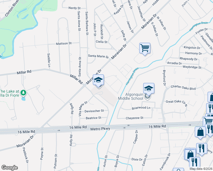 map of restaurants, bars, coffee shops, grocery stores, and more near 18908 Monica Drive in Clinton Township