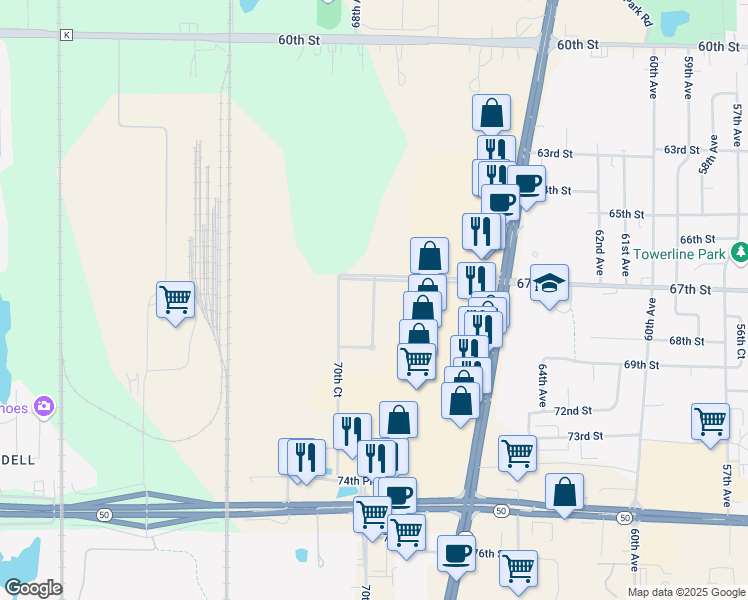 map of restaurants, bars, coffee shops, grocery stores, and more near 6925 70th Court in Kenosha