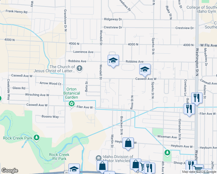 map of restaurants, bars, coffee shops, grocery stores, and more near 651 Saratoga Drive in Twin Falls