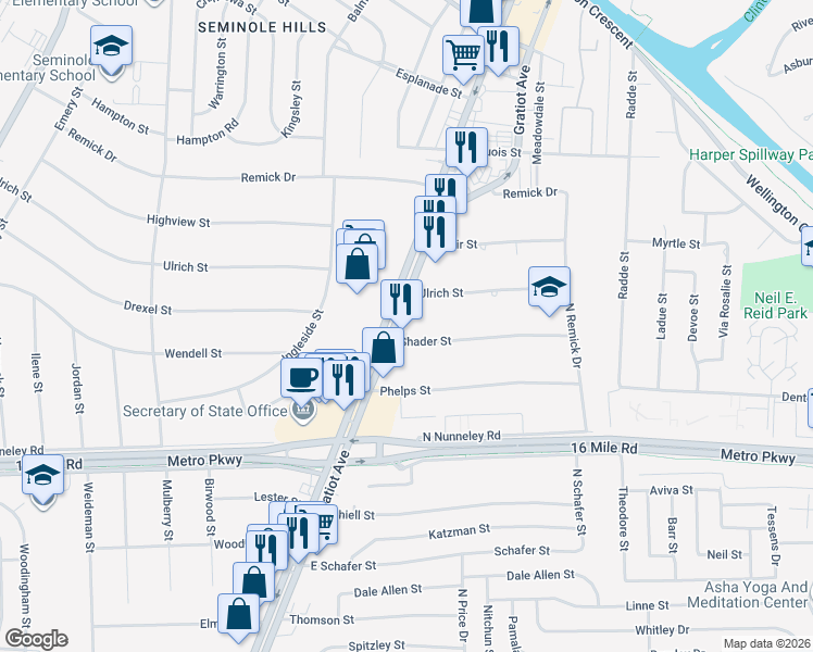 map of restaurants, bars, coffee shops, grocery stores, and more near 22622 Shader Street in Clinton Township