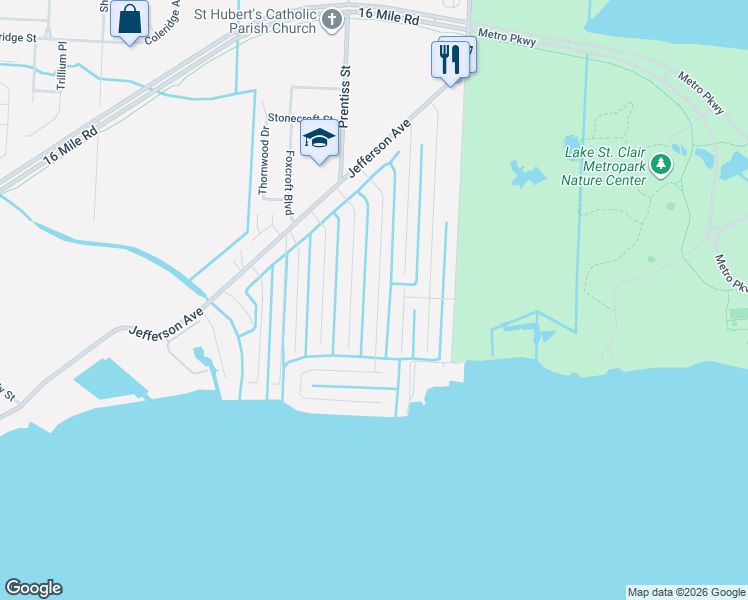 map of restaurants, bars, coffee shops, grocery stores, and more near 37910 Seaway Court in Harrison Township