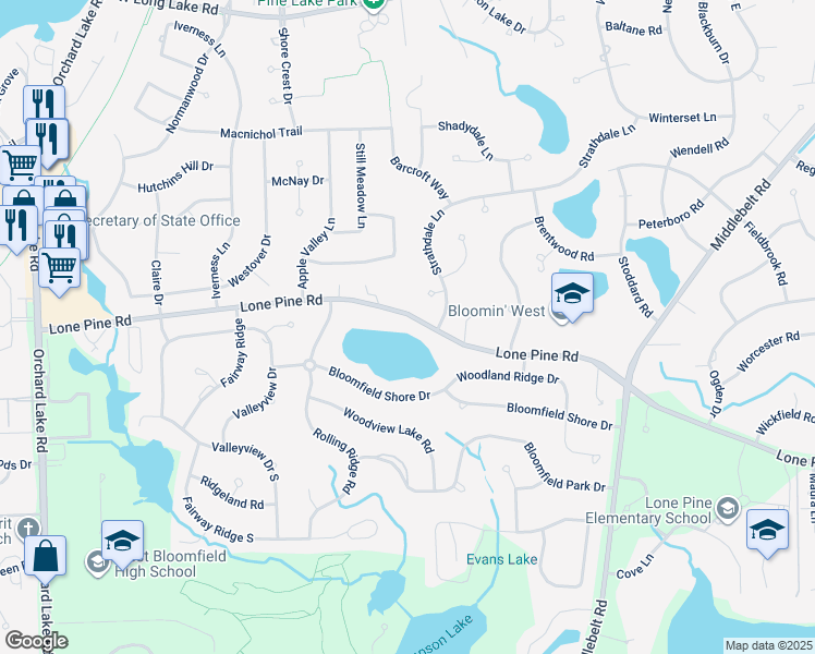 map of restaurants, bars, coffee shops, grocery stores, and more near 3359 Lone Pine Road in West Bloomfield Township