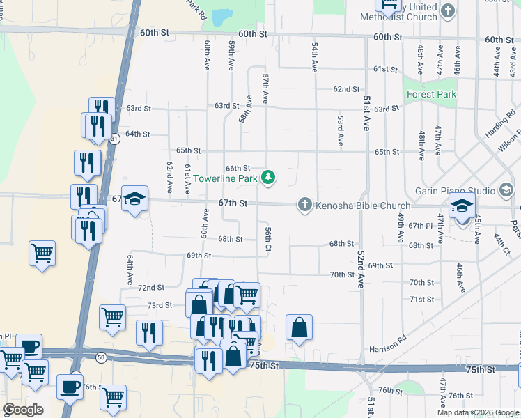 map of restaurants, bars, coffee shops, grocery stores, and more near 5630 67th Place in Kenosha